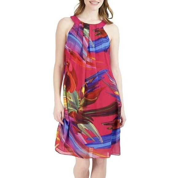 Robbie Bee MED Sleeveless Halter Neck Abstract Chiffon Sheath Dress HOT PINK NEW - Picture 1 of 9